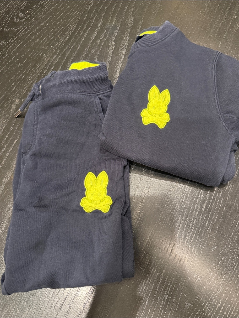 Psycho Bunny Navy Sweatshirt & Sweatpants SET with Neon Yellow Bunny Patch